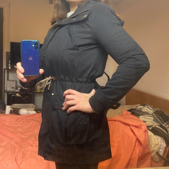 ZARA Navy Blue Hooded Jacket with Cinch Waist - Picture 2 of 7